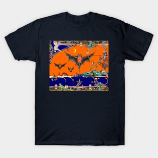 WEIRD MEDIEVAL BESTIARY,FLYING BATS IN NIGHT BLUE ORANGE ,UNICORN,KILLER RABBIT T-Shirt